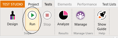 Test Studio’s menu with the Tests tab selected. The second icon from the left (a green VCR run button labelled Run) is circled.