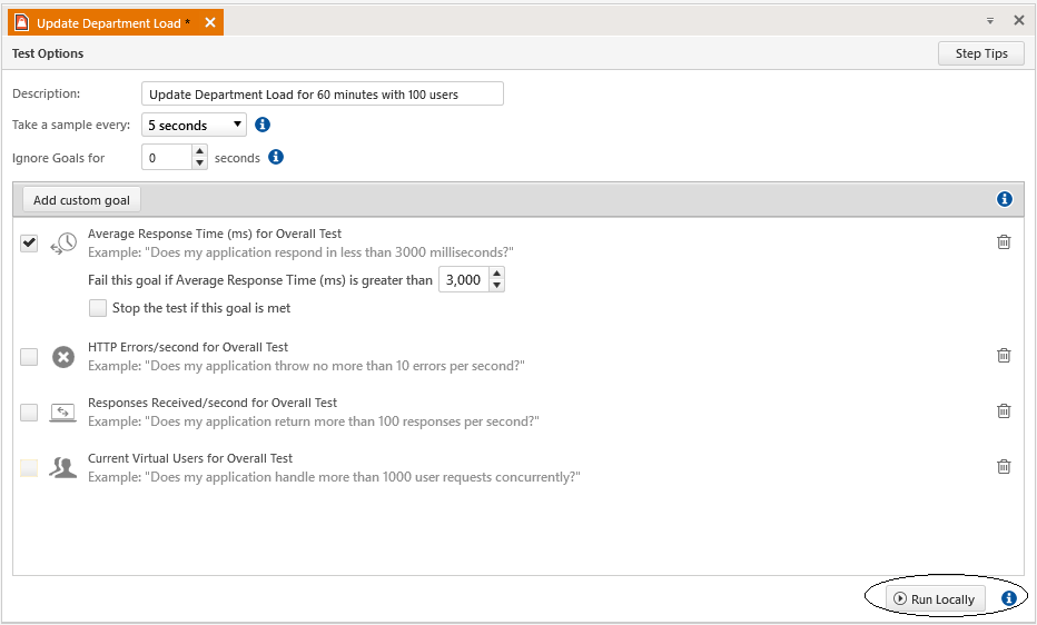 The Test Options dialog. The first of four options has been selected (Average Response Time (ms) for Overall Test) has been selected, causes the option to expand. The Fail this goal if the Average Response Time (ms) is greater than option has been set to 3,000 milliseconds.