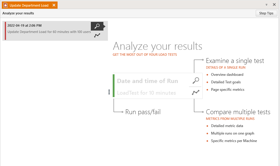 The Analyze your results pane showing the two primary options: Examining a single test and Compare multiple tests.