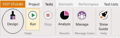 The Test Studio menu with the Tests tab selected. The first icon (a paint brush) labeled Design is circled.