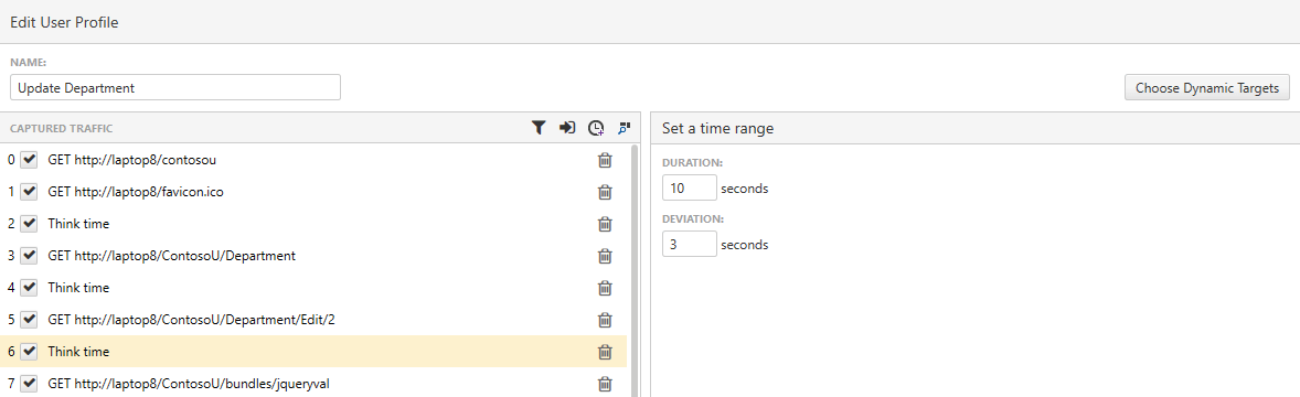 The Edit User Profile dialog showing several steps on the left. A step with the name “Think time” has been selected. On the two textboxes are displayed: One labelled Duration, set to 10 seconds and another labelled Deviation that’s set to 3 seconds.