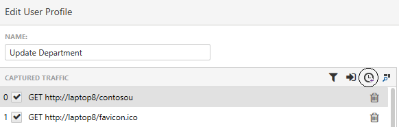 The top of the Edit User Profile dialog. In the dialog’s toolbar, the second icon from the right side (a clock) is circled.