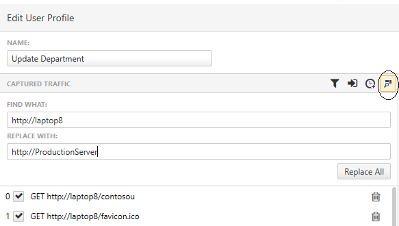 The top of the Edit User Profile dialog. In the dialog’s toolbar, the last icon from the right side (a magnifying glass) is circled. Clicking this icon has opened a panel at the top of the list with a text box labelled “Find What” and another textbox labelled “Replace with”. The “Find What” textbox contains a URL referencing localhost while the “Find What” textbox contains a URL reference a server named Production Server