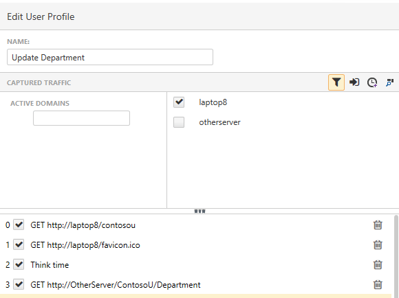 The top of the Edit User Profile dialog. In the dialog’s toolbar, the first icon on the right (a funnel) is circled. Clicking this icon has opened a panel at the top of the list with two panes. The pane on the right lists two domains, each with a checkbox. Only one of the domains is checked.