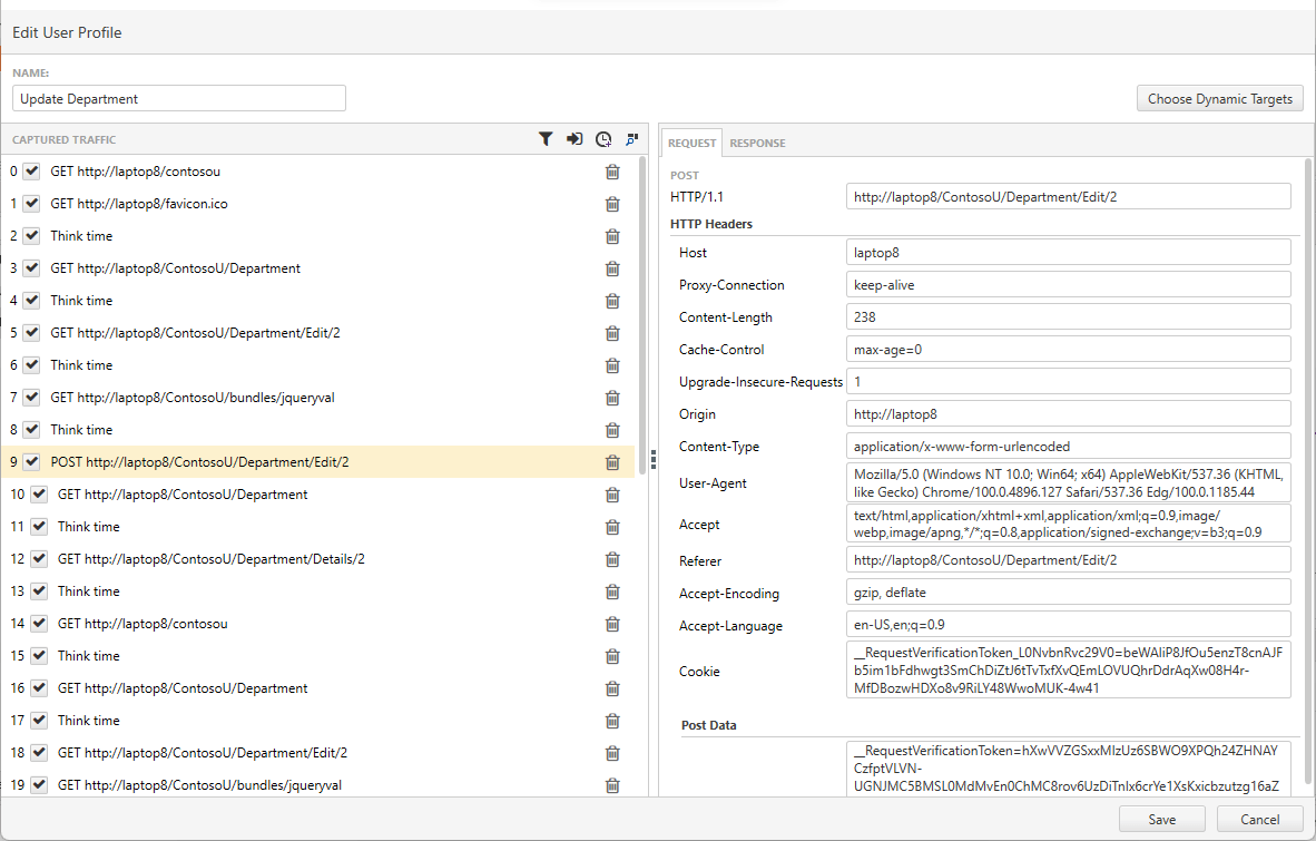 The Edit User Profile dialog with, on the left, step that begins with the POST verb selected. The pane on the right has two tabs: One labelled Request and one labelled Response. The Request tab is displayed and has multiple textboxes displaying information about the request, all of which could be changed.