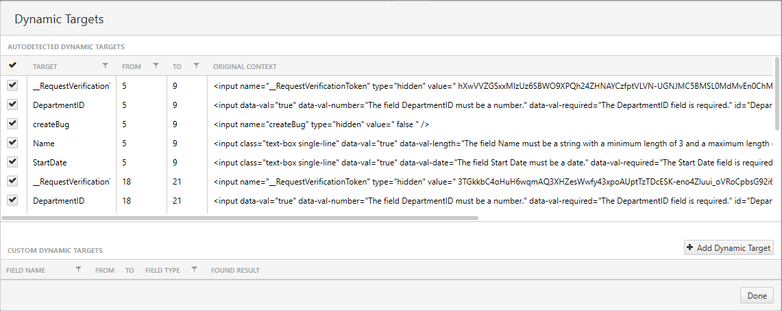 The Dynamic Targets dialog showing a list of input elements. The first column consists of checkboxes. The checkbox at the top of this column (in the column title area) has been checked and, as a result, all of the checkboxes have been checked