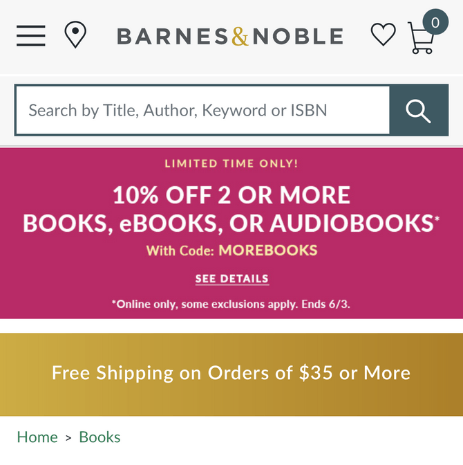 A screenshot from a product page on the Barnes & Noble mobile website. There are breadcrumbs that appear after the website header and two large promotional banners for Home / Books.