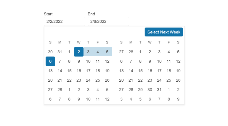 DateRangePicker has start and end dates in text boxes and a calendar view with the date range highlighted. There's a button for Select Next Week