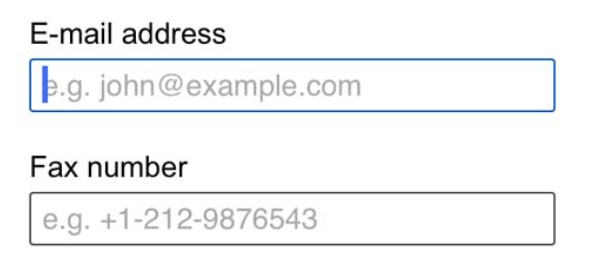 Form fields for email address and fax number have their labels above the boxes, but a light gray example preview for each is given inside the box