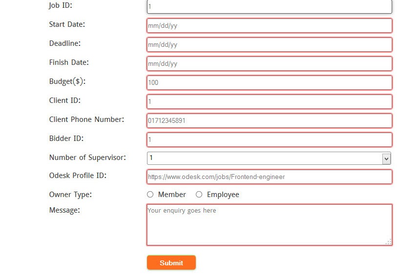 A form's required fields are outlined in orange