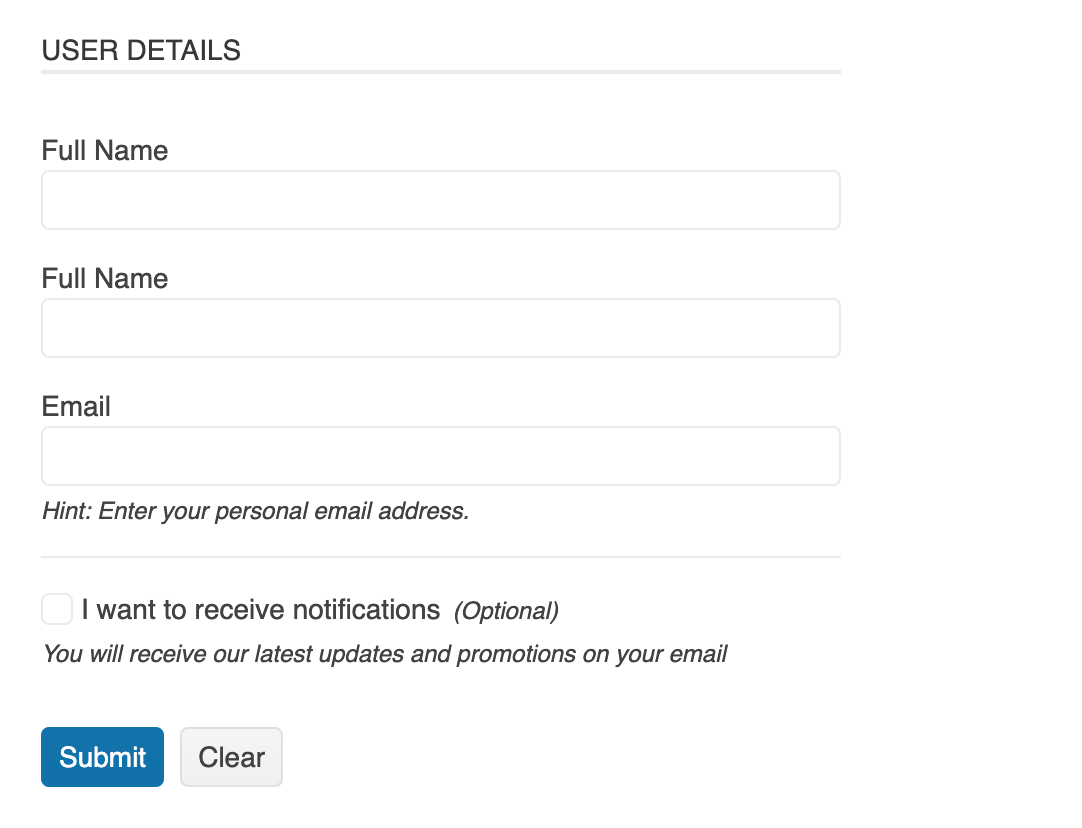 User details form includes a spot for email, with a hint that it means personal email address, and these are closely grouped. A line separates the name and email fields from an opt-in for receiving notifications