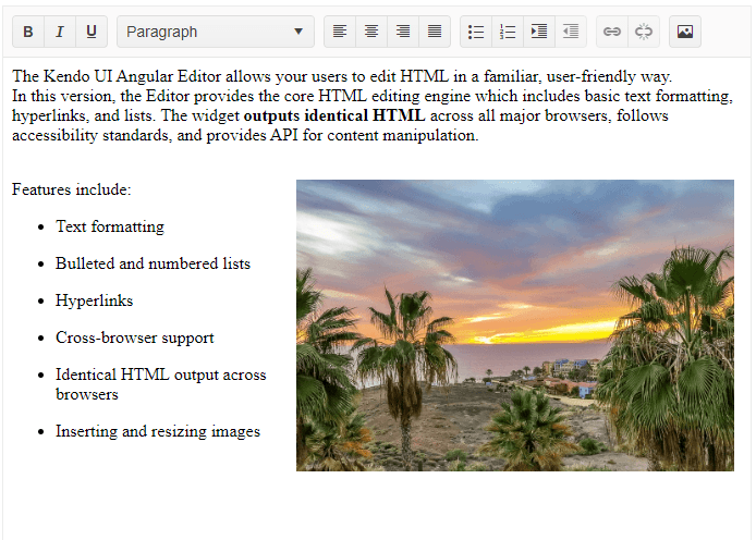 A screenshot of the Rich Text Editor embedded in a running component. Across the top of the editor is a toolbar with a set of grouped buttons for bolding, italicizing, or underlining text. Next to it is a dropdown list of styles, currently set to “Paragraph.” More buttons extend to the right for aligning text, defining bulleted and numbered lists, indenting text, creating hyperlinks, and loading pictures. Below the toolbar, inside the editor’s window, a large block of text demonstrates many of those formatting options. The text is wrapping around a picture of a tropical scene against a florid evening sky.