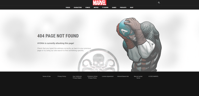 A 404 error page on the Marvel website. This one features an image of Captain America holding his head in pain on the right side of the screen with the HYDRA symbol in the bottom-center. On the left is the following message: “404 Page Not Found. HYDRA is currently attacking this page! Check that you typed the address correctly, go back to your previous page or try using our site search to find something specific.”
