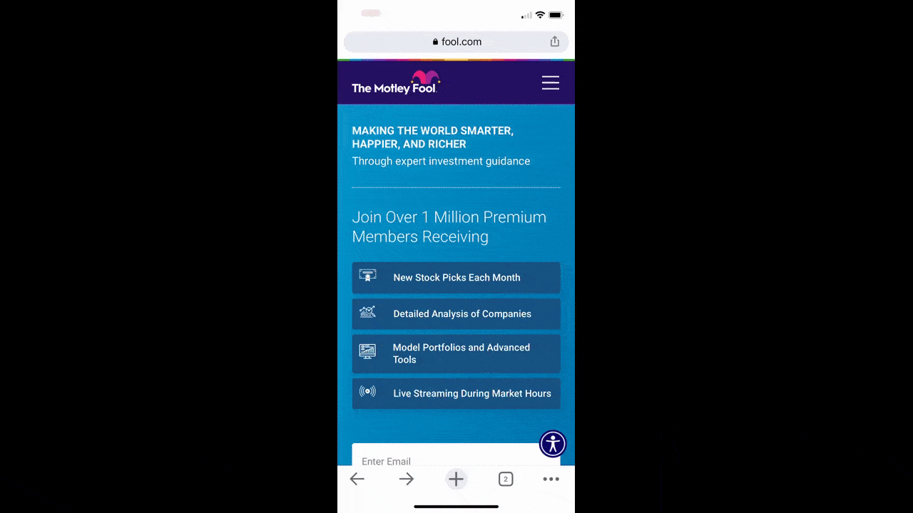 A GIF taken from the mobile website for The Motley Fool. We use the user open the hamburger menu and navigate to the Stock Market sub-category and Small Cap Stocks page beneath it. We then see the user move backwards through the breadcrumbs navigation: from Small Cap Stocks to Types of Stocks to Stock Market to Investing.