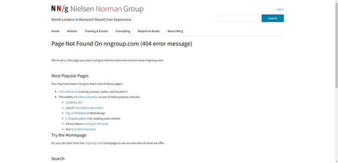 The 404 error page on the Nielsen Norman Group website. The error message is on a plain white background. The page title reads “Page Not Found on nngroup.com (404 error message).” Below, the page recommends a number of steps — to visit the Most Popular Pages, to Try the Homepage, and to do a Search.