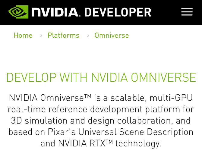 A screenshot from the “Develop with NVIDIA Omniverse” page on the NVIDIA mobile website. There are breadcrumbs between the website header and the page title for Home / Platforms / Omniverse.