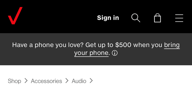 A screenshot from the audio accessories page on the Verizon mobile website. There are breadcrumbs that appear beneath the header and phone exchange offer for Shop / Accessories / Audio.