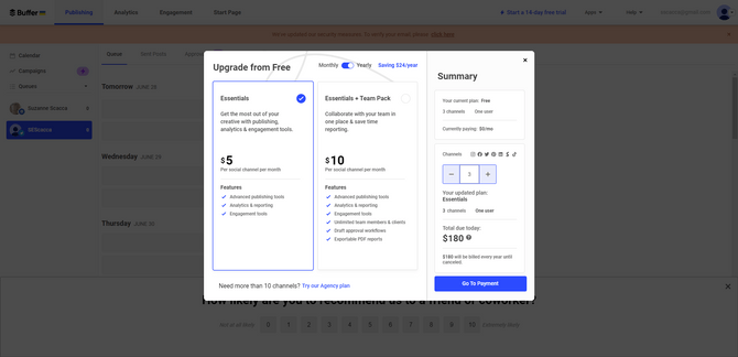 Buffer users can explore the pricing table before upgrading from the free plan. A white pop-up appears on the screen with two choices. The Essentials plan is $5 per social channel per month. The Essentials + Team Pack plan is $10 per social channel per month. Each plan has only a small handful of features listed beneath.