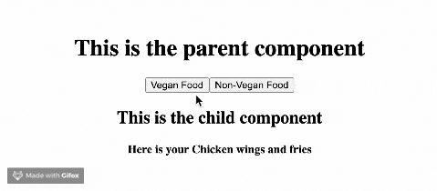 When the vegan button is pushed, the display says 'here is your vegan salad.' When the non-vegan button is pushed, the displays 'here is your chicken wings and fries'
