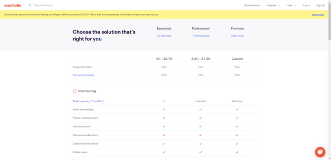 On the Eventbrite feature comparison page, the three pricing tiers appear at the top of the page for Essentials, Professional, and Premium. The cost per plan and features are then broken up below. Features that are included are indicated by a checkmark. Ones that aren’t are indicated by a dash.