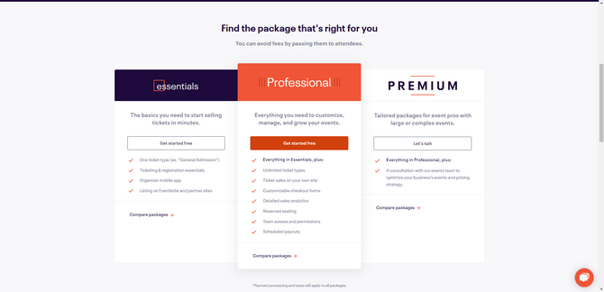 On the Eventbrite Pricing page, organizers are invited to “Find the package that’s right for you”. There are three plans shown below: Essentials, Professional, and Premium. The features lists aren’t repetitive. Instead, the Professional plan says that it includes Everything in Essentials, plus” and the Premium plan says it includes “Everything in Professional, plus”.