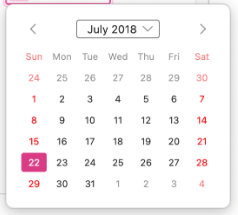 In Firefox, the HTML calendar month and year title is centered in a box that can dropdown for a different month, and left and right arrows are at the far sides of the the top margins; the weekend dates are red and selected date has a pink box around it with white type. The days are three-letter abbreviations, Sun, Mon, Tue.