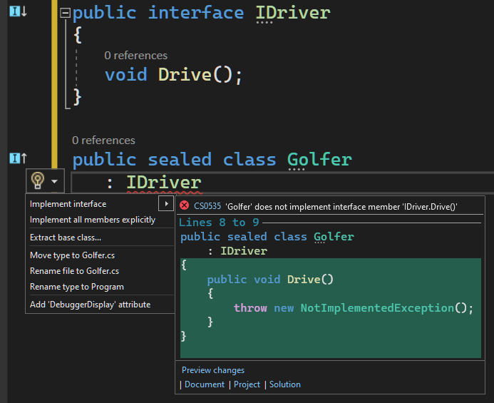 Shows note: 'Golfer does not implement interface member 'IDriver.Drive()'. Code shows ...public void Drive()...