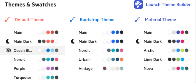 KendoReact themes Default, Bootstrap and Material each has a set of swatches below it, numbering 16 in all