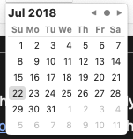 In Safari, the month and year are in much larger type and bolded, despite the overall calendar being much smaller than the other two. Left and right arrows sit at the far right of the top margin. The dates are all in black. Selected has a light gray box around it. The days are two-letter abbreviations, Su, Mo, Tu.