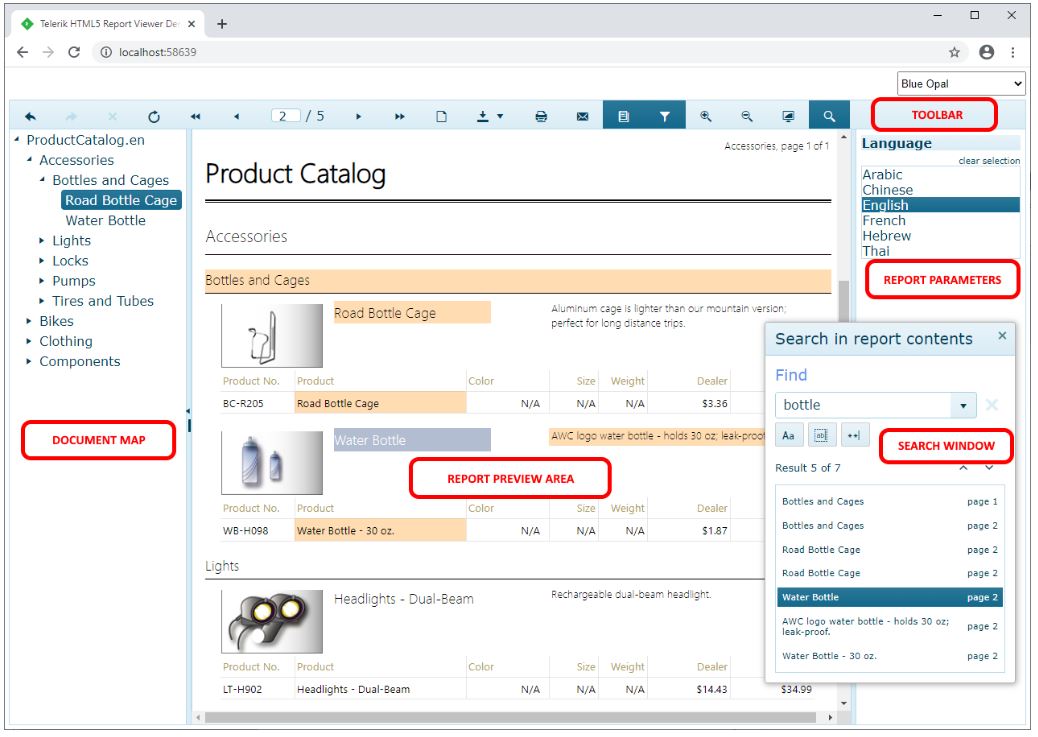 Telerik HTML5 Report Viewer Demo showing document map, report preview area, toolbar, report parameters, search window