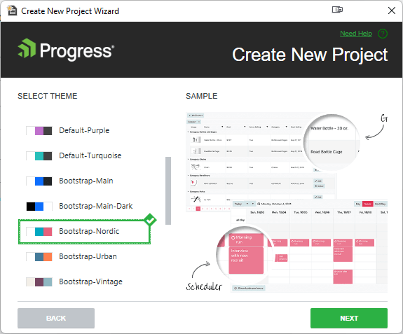 The second panel of Telerik’s Create New Project wizard. On the left side is a column of theme color bars, labeled “Select Theme.” They are organized into categories – the screen show a category called Bootstrap-Dark-Main. Nested underneath it are three themes: Bootstrap-Nordic (with a green checkmark and border, indicating that it’s selected); Bootstrap-Urban; Bootstrap-Vintage. On the right side of the panel are a set of graphics showing page components (headings, fonts, grids) as they would look if the selected theme was applied. There’s a Next button in the lower right of the panel.