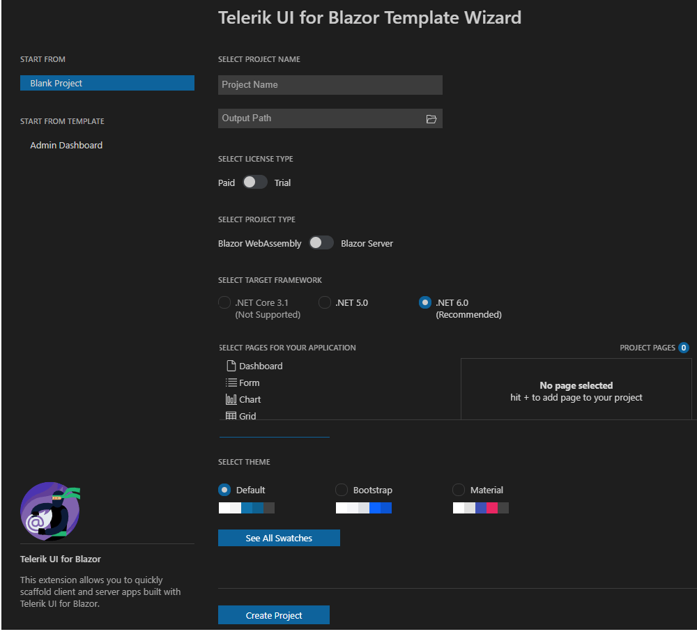 The Visual Studio Code wizard for creating a Telerik-enabled Blazor project. It allows the user to set the project name and location, choose between WebAssembly and server-side configurations, target framework, and the three pre-defined themes: Default, Bootstrap, and Material.