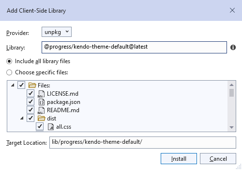 A dialog box with the title “Add Client-Side Library.” There is a dropdown list labeled “Provider” that is set to “unpkg.” Below it a textbox labeled “Library” contains “@progress/kendo-theme-default@latest”. Below that are two radio buttons, labelled “Include all library files” (selected) and “Choose specific files” (unselected). Below that is treeview. It’s top node is labeled “Files” with multiple nodes nested underneath it. Each node has a checkbox and all nodes are checked. After the treeview, at the bottom of the dialog, is a textbox labelled “Target Location”. It is set to “lib/progress/kendo-theme-default/”. There are two buttons in the lower right of the dialog: “Install” and “Cancel”.