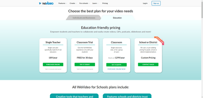 A screenshot from the WeVideo pricing page. The Education tab is selected. At the top users are invited to “Choose the best plan for your video needs”. Below is a pricing table with four tiers: Single Teach for $89/year, Classroom Trial which is FREE for 30 days, Classroom for $299/year, and School or District which uses Custom Pricing.