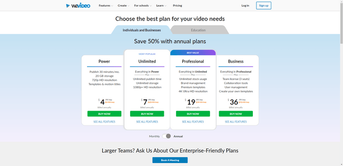 A screenshot from the WeVideo pricing page. The Individuals and Businesses tab is selected. At the top users are invited to “Choose the best plan for your video needs”. Below is a pricing table with four tiers: Power for $4.99/month, Unlimited for $7.99/month, Professional for $19.99/month, and Business for $36.99/month.