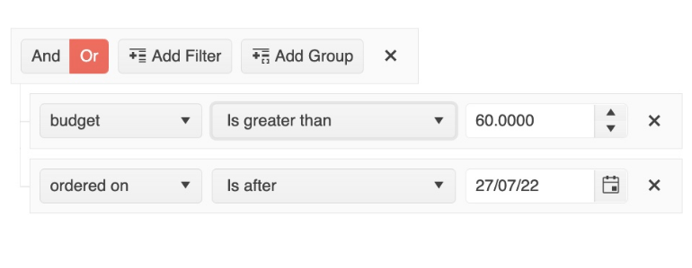 Kendo UI for Angular Filter with and/or set to Or; budget dropdown / is greater than / 60.0000; ordered on / is after / 27-07-22