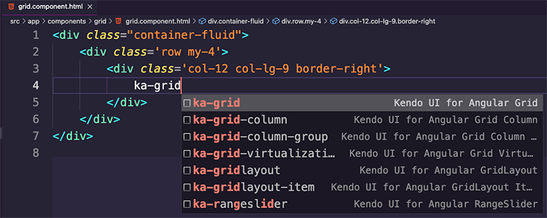 Kendo UI Productivity Tools Angular code snippets