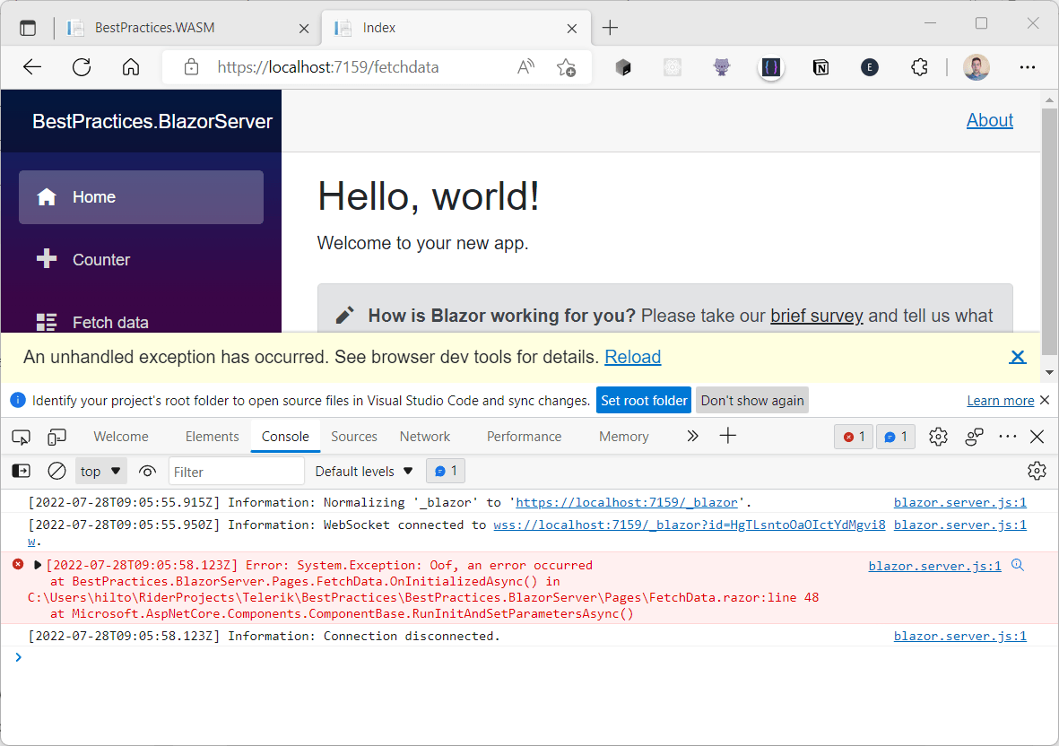 Browser window showing default Blazor Server error text warning about an un unhandled exception