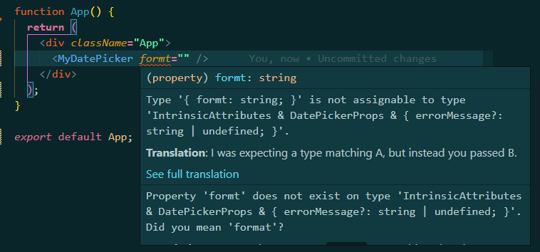 DatePicker prop typo error with TypeScript - Property formt does not exist on type IntrinsicAttributes... did you mean format