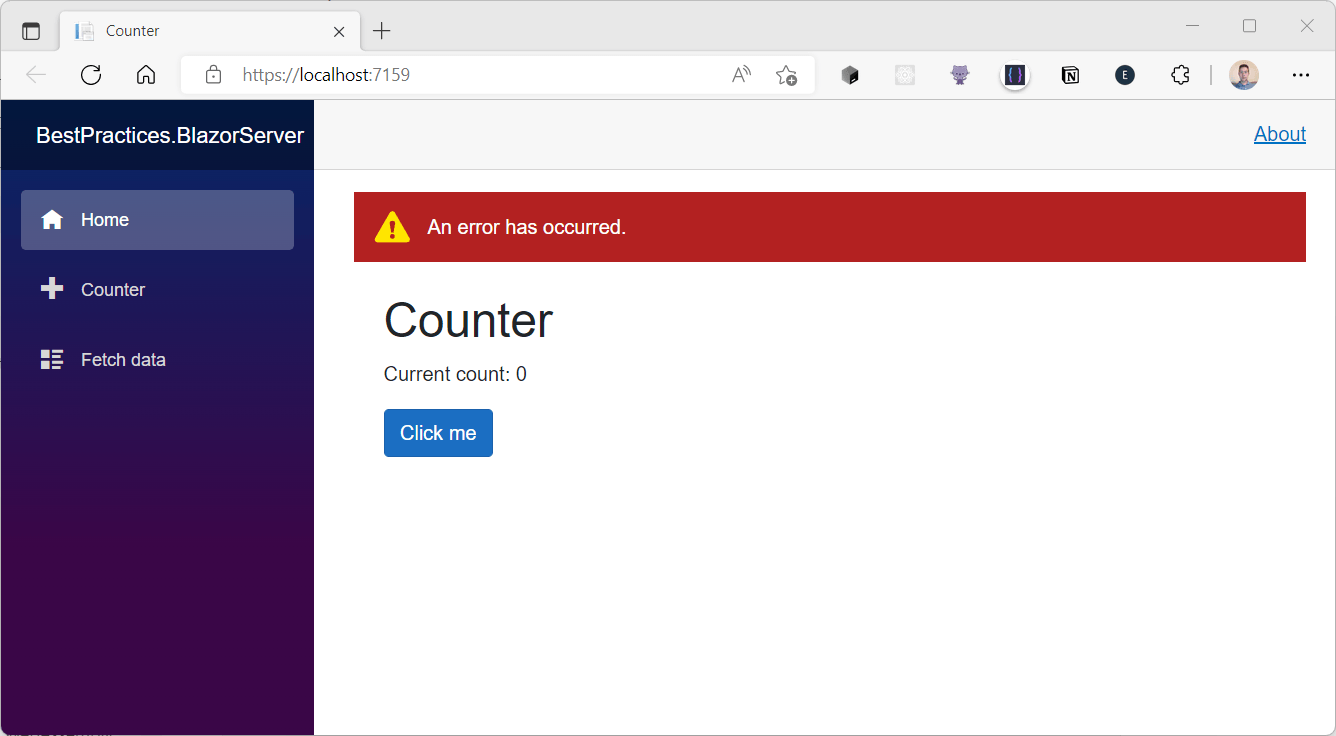 Blazor component with a visible warning on part of the screen that 