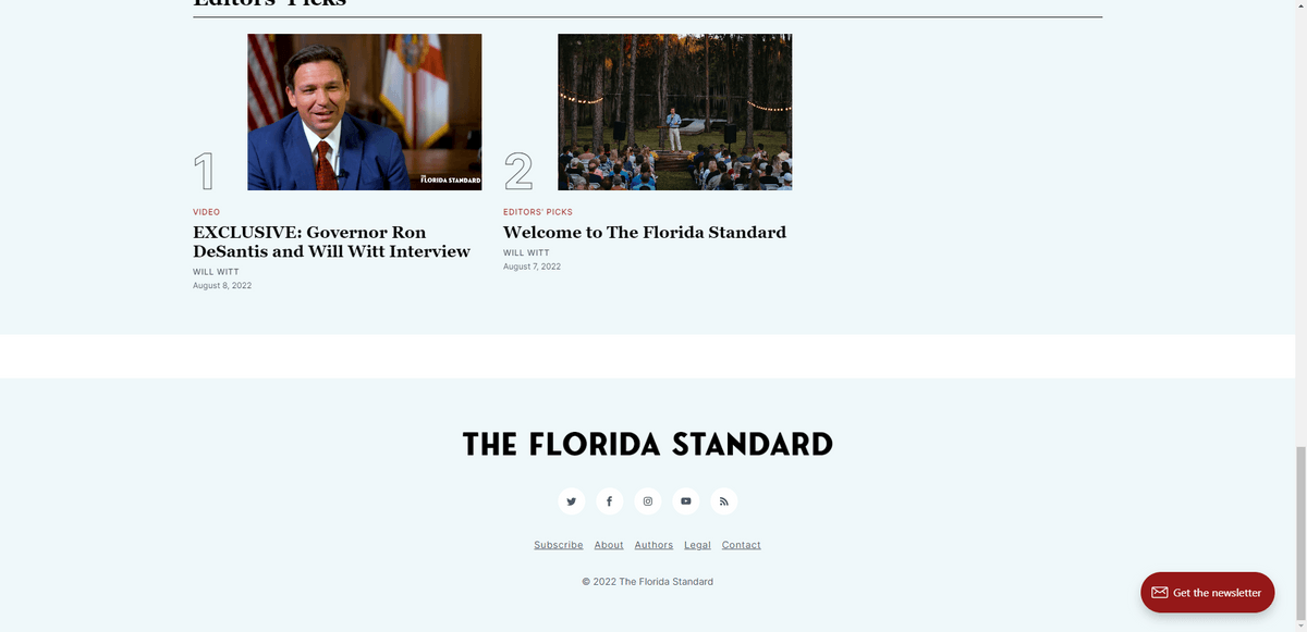 The footer of The Florida Standard website includes five social media icons for Twitter, Facebook, Instagram, YouTube, and their RSS feed.