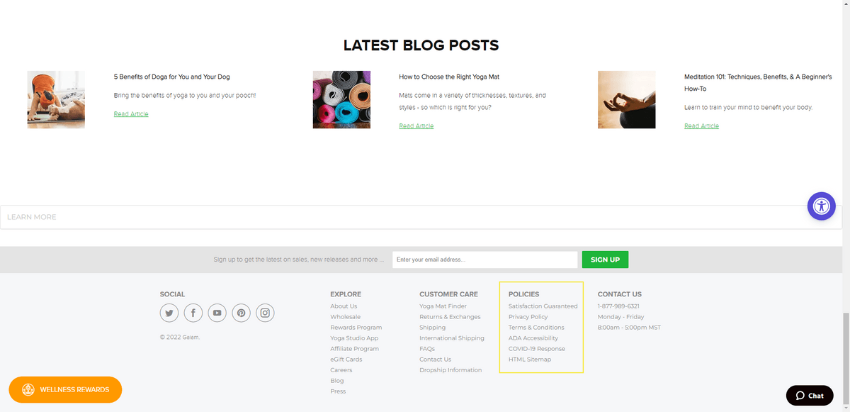 At the bottom of the Gaiam ecommerce website is a list of Policies: Satisfaction Guaranteed, Privacy Policy, Terms & Conditions, ADA Accessibility, COVID-19 Response. There’s also an HTML Sitemap included.
