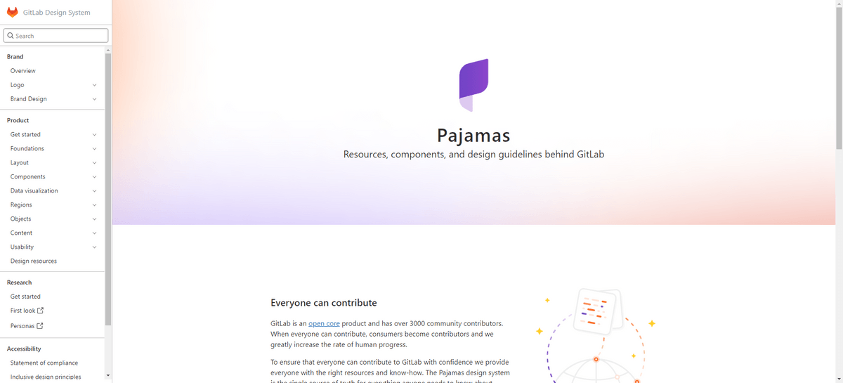 GitLab has published a copy of its design system to the web. It’s called Pajamas and includes “Resources, components, and design guidelines behind GitLab”. On the left side of the page, the pages of guidelines are broken up into four categories: Brand, Product, Research, and Accessibility.