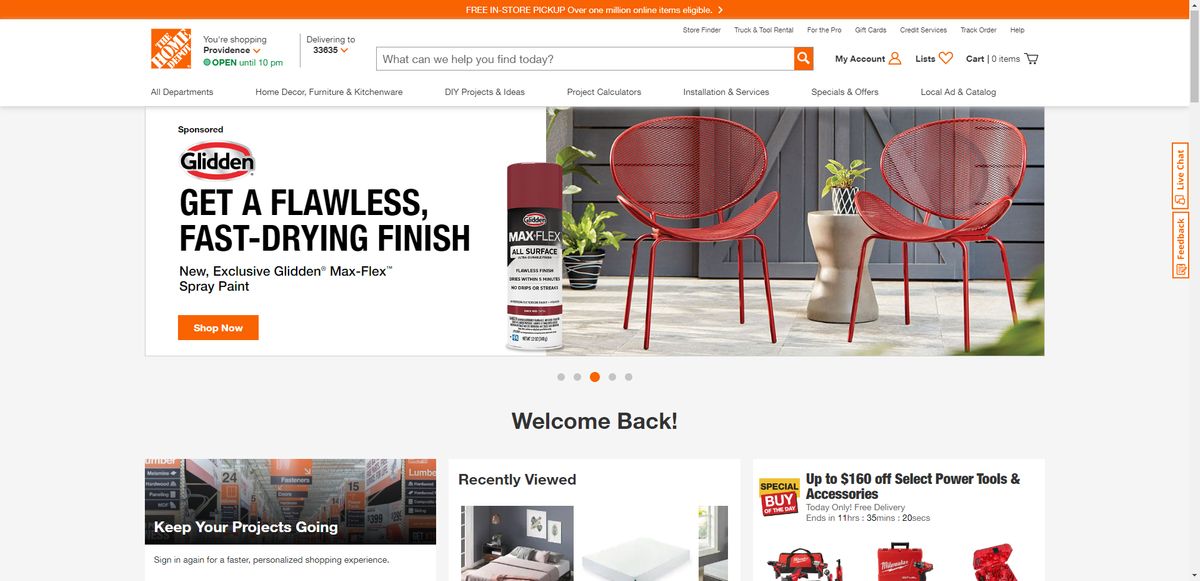 A screenshot of the Home Depot home page shows that there are two white and orange buttons vertically affixed to the right side of the page. One is for Live Chat, the other is for Feedback.
