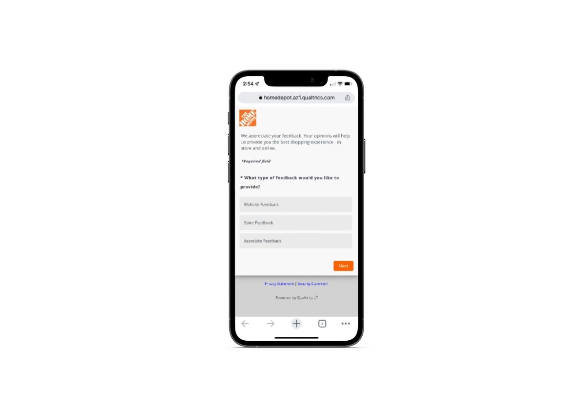 Home Depot mobile website users are able to submit feedback related to Website, Store, and Associate via a feedback form.
