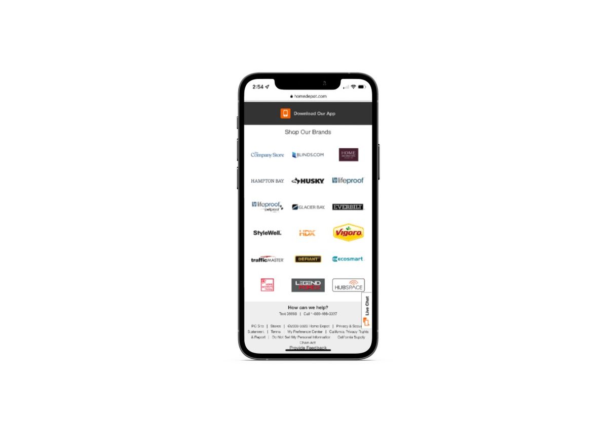 On the mobile website for the Home Depot, there’s a sticky Live Chat button affixed to the right side of the screen. If users want to provide feedback on the website, they have to scroll to the very bottom of the page and find the text link that says “Provide Feedback”