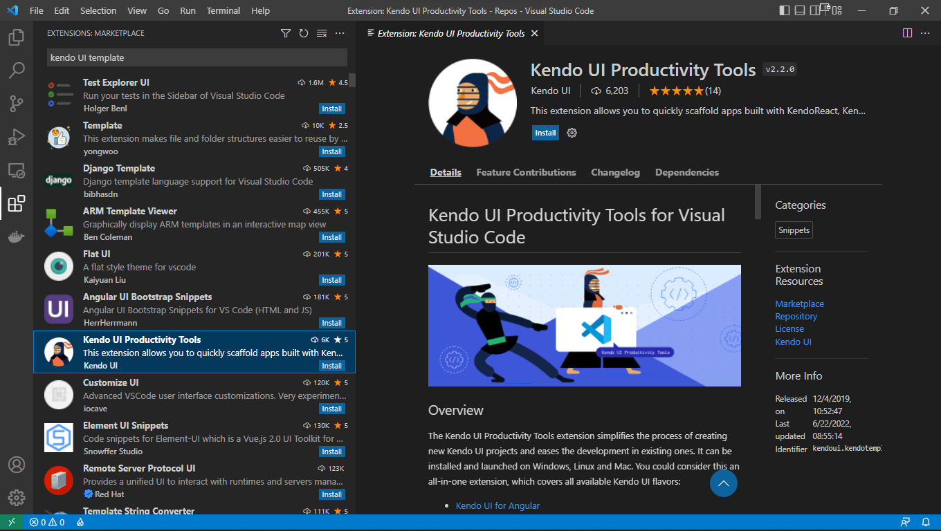 The Visual Studio Code Extensions menu with the Kendo UI Productivity Tools selected