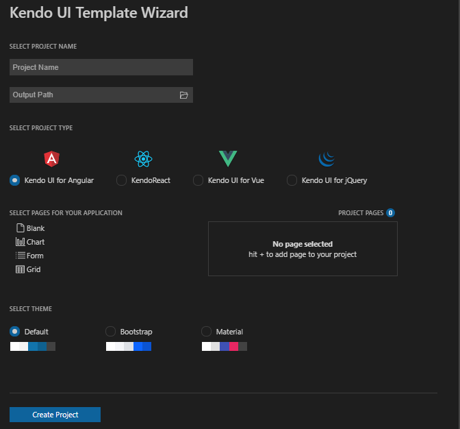 The Kendo UI Template Wizard. At the top of the wizard are textboxes for naming the project and selecting the folder the project will be put in. Below that, under a “Select Project Type” header are radio buttons labelled “Kendo UI for Angular”, “Kendo React”, “Kendo UI for Vue”, and “Kendo UI for jQuery.” Below that is a list box with four items displayed (Black, Chart, Form, and Grid). The Form item is selected and displays a plus sigh to its right. The Form item appears again in a list to the right, showing that it has been added. Below that, under a “Select Theme” heading are three radio buttons labeled “Default”,”Bootstrap”, and “Material”. Below each of these labels is a rectangular color palette of representative colors. At the bottom of the page is a button labeled “Create Project.”