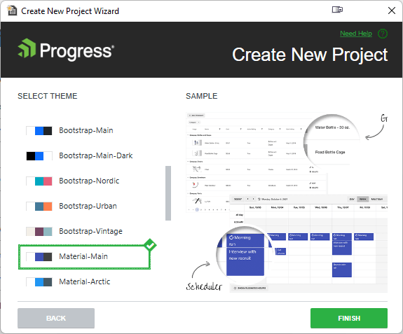 A screen from the Telerik Create New Project Wizard. Down the left side is a list of themes and swatches, each with a color palette. On the right are various screen shots showing sample layouts with the theme applied. The Material-Main theme is highlighted as selected.