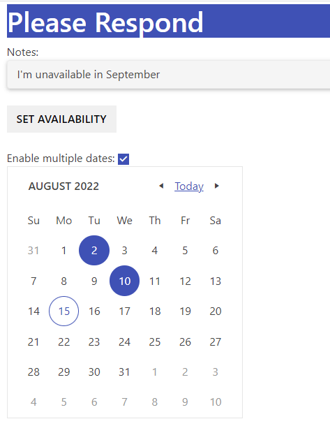 A visually very similar page to the previous pages. Like the React MultiViewCalendar, there is no month list. In the Calendar’s header, on either side of a link with the label ‘today’ are arrowhead icons pointing either to the left and right.